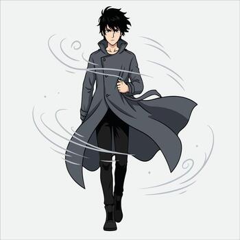Anime character in dynamic pose with swirling coat and intense expression vector