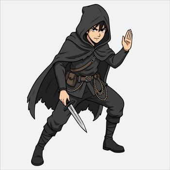 Mysterious hooded character in dynamic pose with dagger vector
