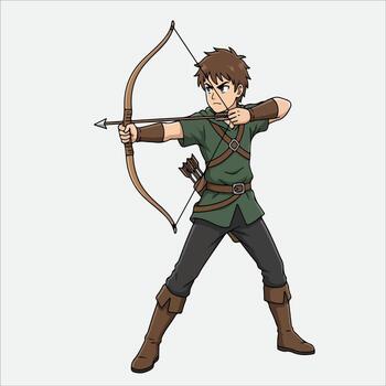 Animated archer character aiming with bow and arrow in dynamic pose vector