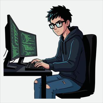 joven programador codificación en doble monitores en casual atuendo vector