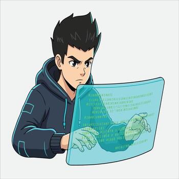 Focused young man coding on futuristic transparent screen vector