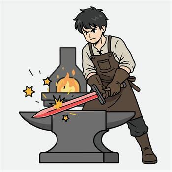 Cartoon blacksmith forging sword on anvil with fiery forge background vector