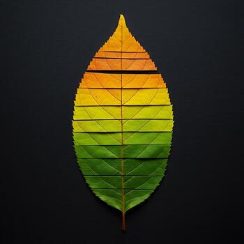 Sliced leaf displaying color gradient from green to yellow on dark background photo