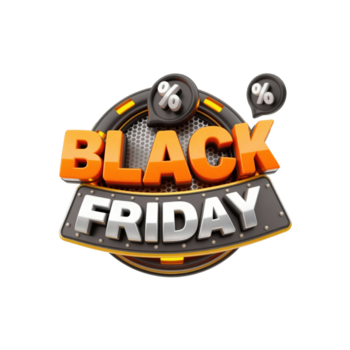 Dynamic 3D Black Friday design with metallic text, a honeycomb background, and floating percentage icons png