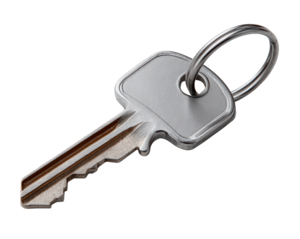single zilver metaal sleutel Aan sleutelhanger, gemakkelijk concept van veiligheid en toegang. geïsoleerd voorwerp vertegenwoordigen huis op slot doen, gereedschap naar ontgrendelen veiligheid en kans png