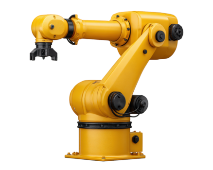 Yellow robotic arm for industry automation and manufacturing. powerful robot machine representing modern technology and efficient production, isolated on transparent background png