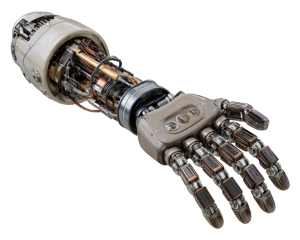 futurista biônico robótico braço com avançado protético tecnologia. isto isolado automação ícone vitrines poderoso, preciso membro com complexo cyborg Engenharia detalhe png