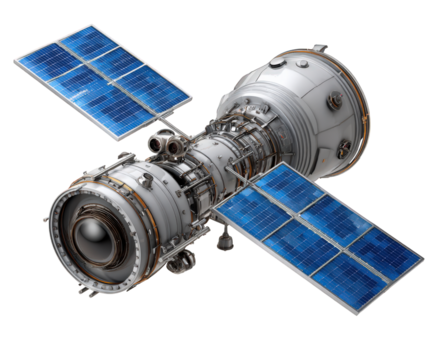 detailliert Satellit Illustration zum global Kommunikation Technologie. isoliert Objekt mit Solar- Panel schwebend im Raum, Darstellen ein umkreisen Netzwerk zum Übertragung und Erkundung png
