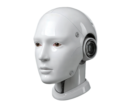 futurista humanoide robot cabeza con neutral expresión. un androide cara concepto para ai y artificial inteligencia tecnología representando máquina futuro png