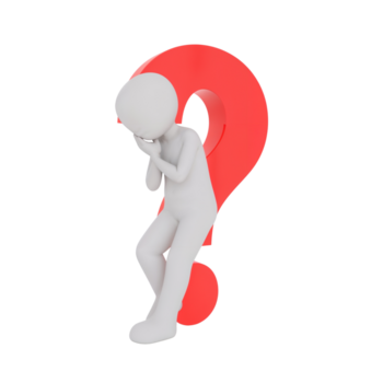 Conceptual depiction of uncertainty and contemplation featuring a 3D figure and question mark on a png
