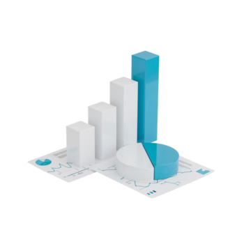 Financial data visualization through 3D rendering on a clean, transparent surface and charts png