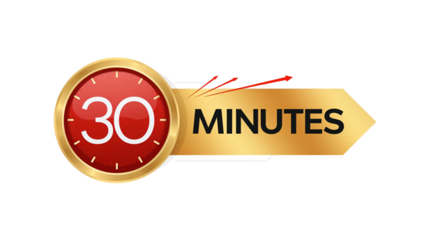 Stylish golden timer graphic denoting a time duration of thirty minutes in a visually appealing png