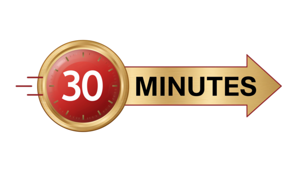 Conceptual thirty minutes timer with golden arrow indicator on an isolated transparent background png