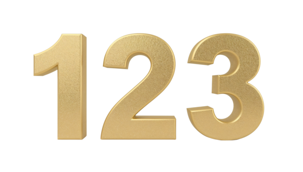 Elegant golden 3D numerals one two three isolated, symbolizing beginning and sequence png