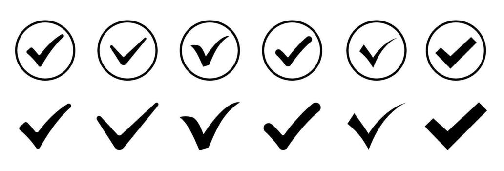 negro cheque marca íconos colocar. circulo y sencillo garrapata aprobado firmar recopilación. mínimo marca de verificación glifo símbolos para correcto, verificado, o terminado estado. vector