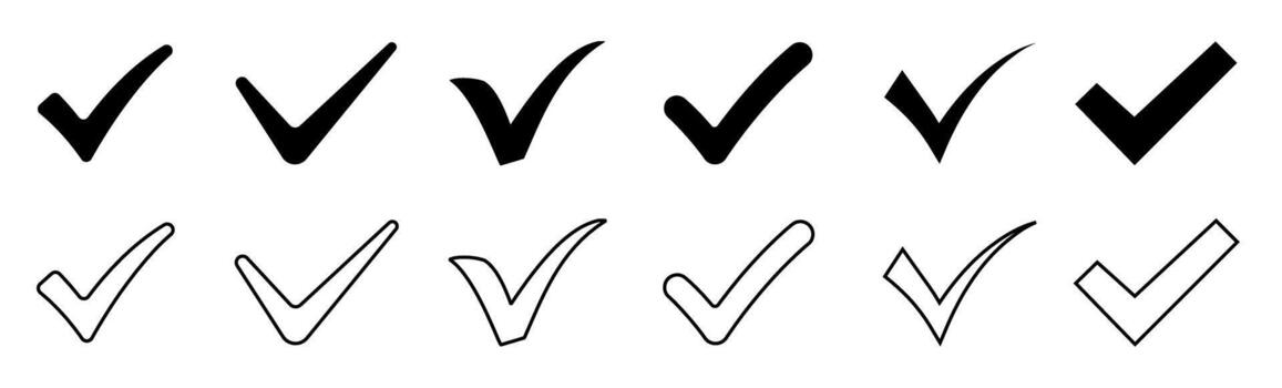 negro y contorno cheque marca íconos colocar. sencillo garrapata y aprobado firmar recopilación. mínimo marca de verificación glifo y contorno símbolos para correcto, verificado, o terminado estado. vector