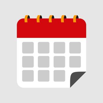 Flat design calendar icon with red top, gray cells, and a turned-up corner vector