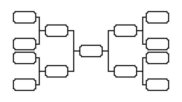 A black and white diagram depicting a tournament bracket with multiple rounds. The bracket has rectangular spaces connected by straight lines. It's a simplified illustration vector