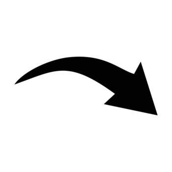 A solid black curved arrow pointing right on a white background, indicating direction and movement vector