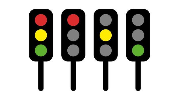 Four traffic lights side by side with different color combinations. White background vector