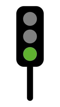 A simple traffic signal design with two gray lights and a green one. Black pole below vector
