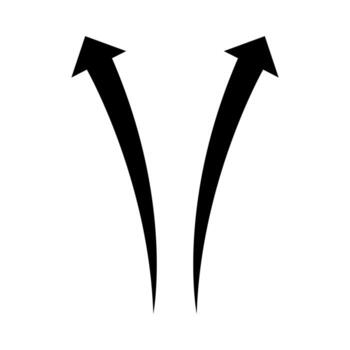 Two black upward arrows with angled, curved bodies, pointing away from each other on a white backdrop vector