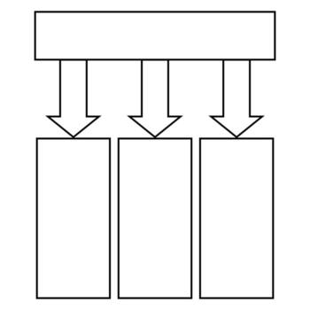 A simple diagram composed of a horizontal rectangle connected by arrows to three vertical rectangles. The arrows point downwards. Simple and stark vector