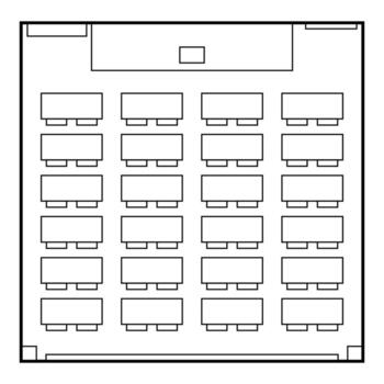 A top-down geometric outline of a room. Rectangular tables and other boxes suggest a classroom setup, including teacher area and arrangement vector