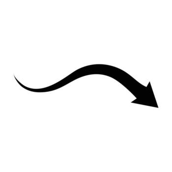 A stylized, curved arrow in black points downwards, indicating direction on a plain white background vector