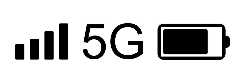Smartphone status bar icons. Set of black symbols for mobile signal strength, 5G network, and full battery. vector