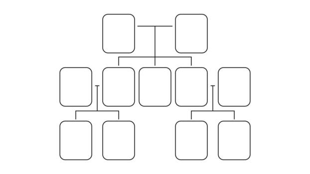 A family tree diagram outlines familial relationships. Boxes of various generations are connected by lines, illustrating lineage and ancestry. The format is a flowchart-like display vector