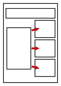 Diagram with a large central block and 3 small blocks connected via red arrows. A top rectangular block sits atop the main frame. The structure is bordered by a thick black line vector