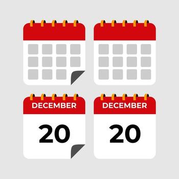 Calendar icons with a red top, white pages, and the 20th of December highlighted vector