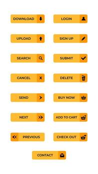A set of orange web buttons, featuring actions like download, login, submit, and delete vector