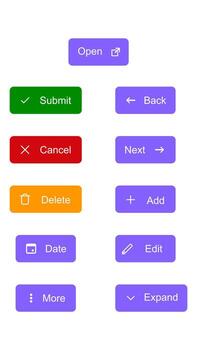 UI design with buttons featuring actions like submit, cancel, edit, and expand. Different color coding vector