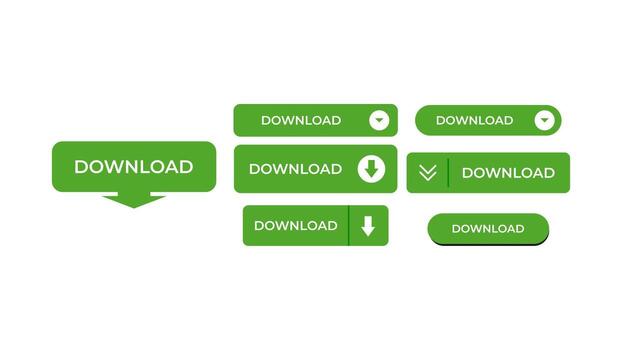 un variedad de verde descargar botones con flechas y varios botón estilos en blanco vector