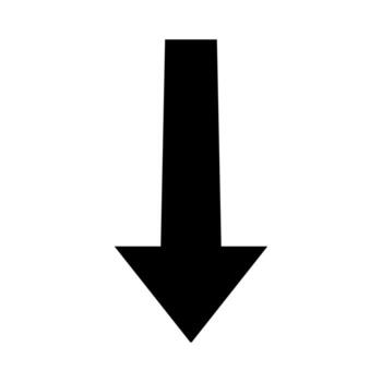 A simple, black downward arrow shape pointing downwards on a white background, indicating direction vector