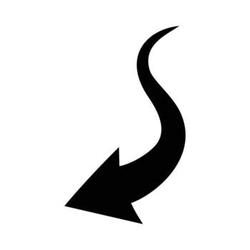 un negro curvo flecha, con un puntiagudo propina en sus fondo sección, señalando izquierda. blanco antecedentes vector