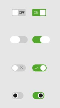 Digital toggle switch illustrations with various states, colors, and design variations vector