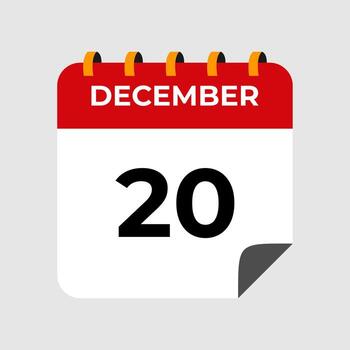 Red and white calendar graphic for December 20th with page curl and tabs vector