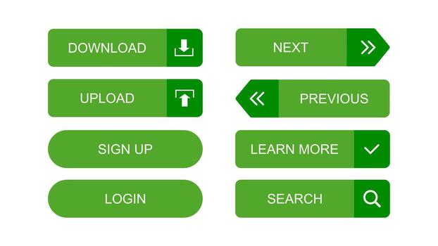 Green rectangular buttons with white text, icons, and rounded corners for web navigation vector