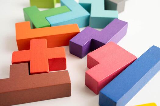 Logical thinking and problem solving problem solution creative business, wooden puzzle geometric b photo
