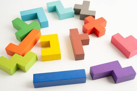 Logical thinking and problem solving problem solution creative business, wooden puzzle geometric block s photo