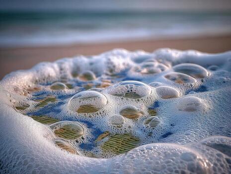 Close-up view of sea foam bubbles forming on a sandy beach under soft sunlight during early morning hours photo