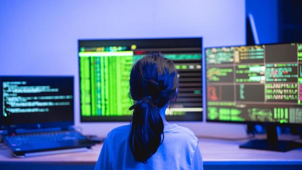 joven persona atractivo con múltiple computadora pantallas mostrando código y datos análisis en un tenuemente iluminado ambiente con azul Encendiendo efectos foto