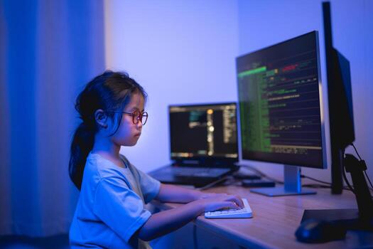 Young Girl Working on Computer in a Cozy Room with Blue Lighting, Focused on Programming and Learning Technology Skills photo