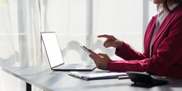 Chatbot Chat with AI, Artificial Intelligence. Business woman using technology smart robot AI. Futuristic technology transformation photo