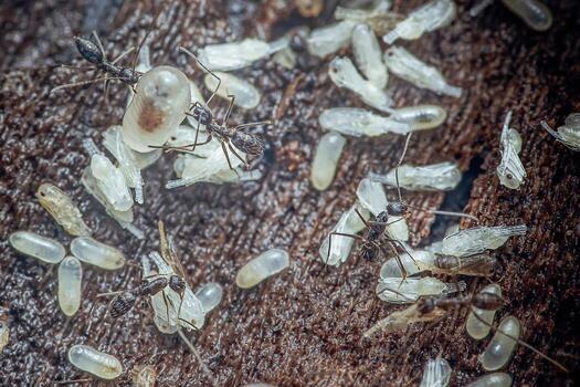 Ants caring for larvae and pupae in colony photo