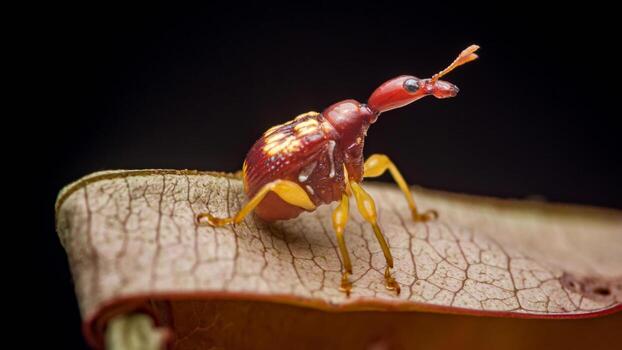 Giraffe weevil standing on a dry leaf macro photo