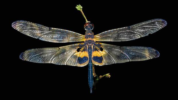 Dragonfly wings revealing intricate patterns on black background photo